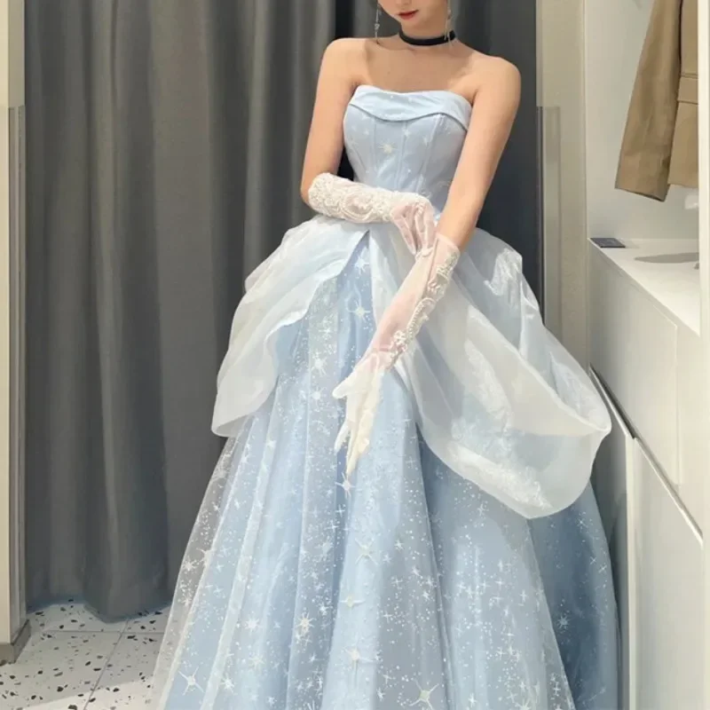 

Temperament Blue Prom Dresses Removable Shoulder Jacquard Vestido Fiesta France Vintage Sweet Princess Fairy Evening Party Dress