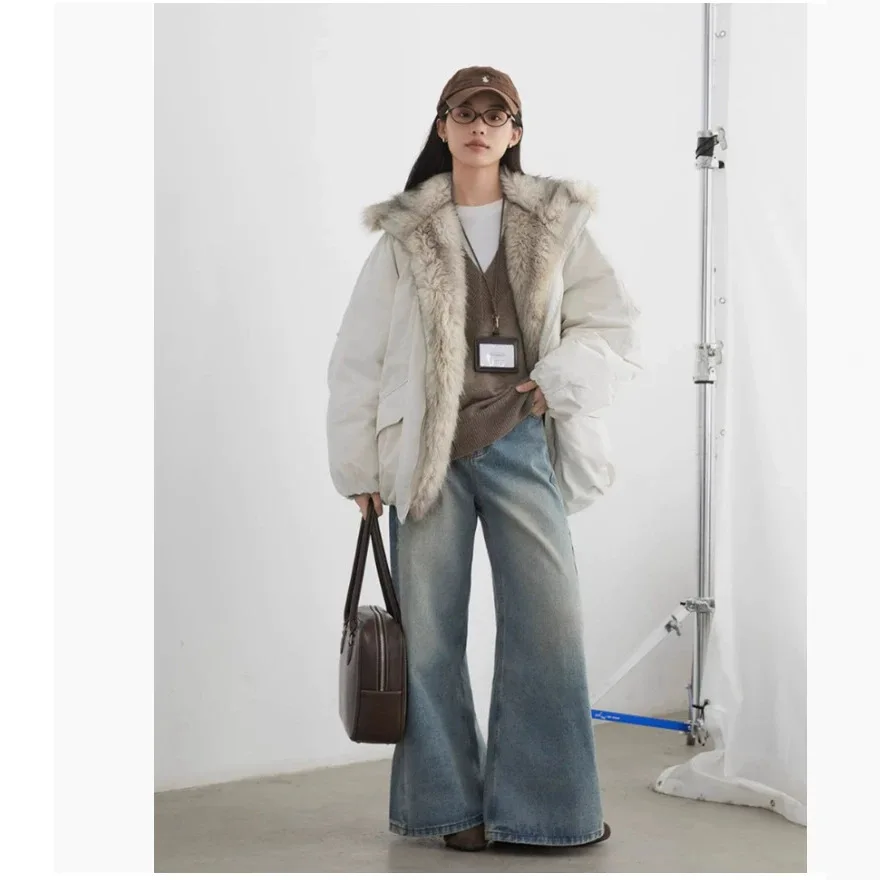 Korean Women Down Coats Faux Fur Collar Loose Casual Hooded 90 White Duck Down Female Down Jacket Autumn Winter 2025