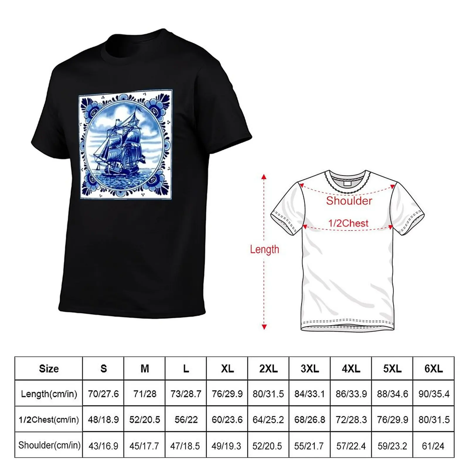 DUTCH BLUE DELFT : Vintage Sailboat and Tall Ship Print T-Shirt Simple Graphic Design T-Shirt