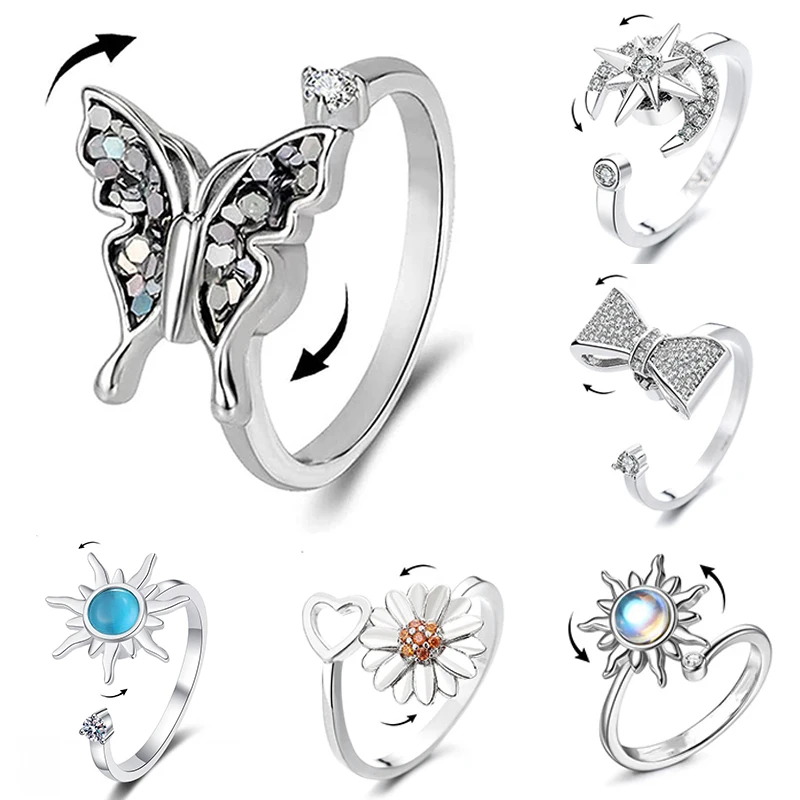 Bohemia Crystal Butterfly Anti Stress Anxiety Ring dla kobiet Cute Sun Star Moon Rotating Charms Knuckle Akcesoria Biżuteria Prezent