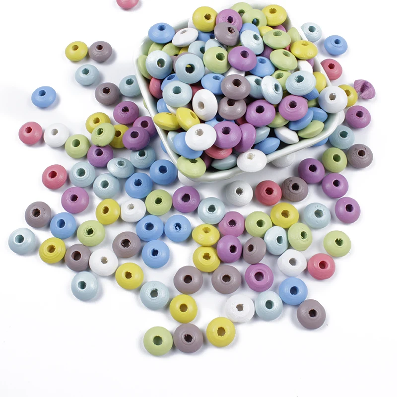 100Pcs 12Mm Cartoon Solid Candy Color Flat Round Ufo Shaped Natural Wooden Spacer Loose Beads for Jewelry Making Findings