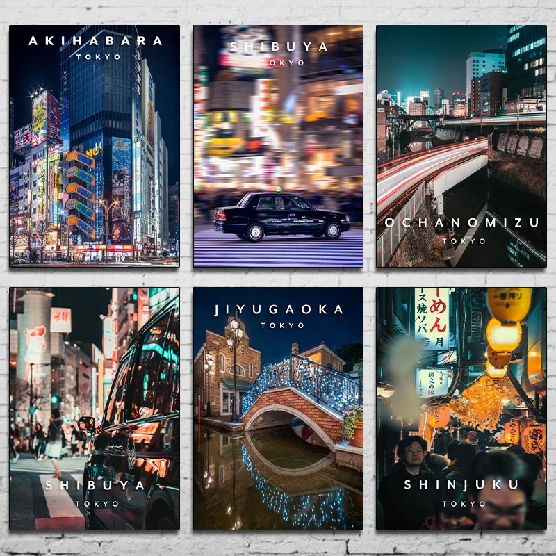 Póster de paisaje de Japón de Tokio, arquitectura de noche callejera, impresión en lienzo, decoración artística de pared de salón para el hogar, pinturas colgantes