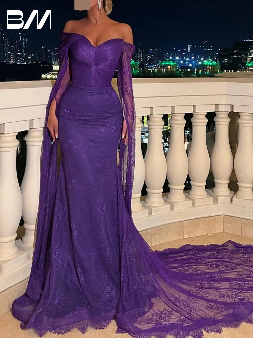 

Purple Lace Classy Evening Dress Women Dreamy Sweet Off the Shoulder Customized Celebrity Prom Stylish Party Cocktail Gown