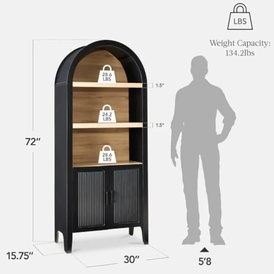 72 Inch Tall Arched Pantry Cabinet with Reeded Doors, 5-Tier Adjustable Shelf Bookcase and Storage Armoire in Black Oak Finish