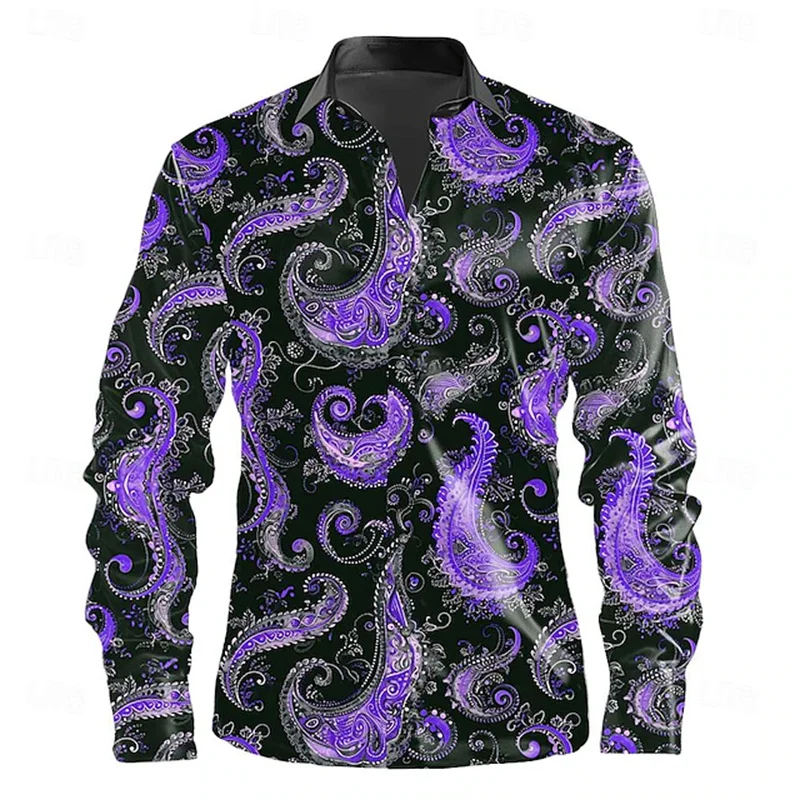 Men's Formal Shirt Button-Up Long Sleeve Fashion Casual Leisure Spring Autumn Lapel Shirt Button-Up 3D Printing Purple Orange