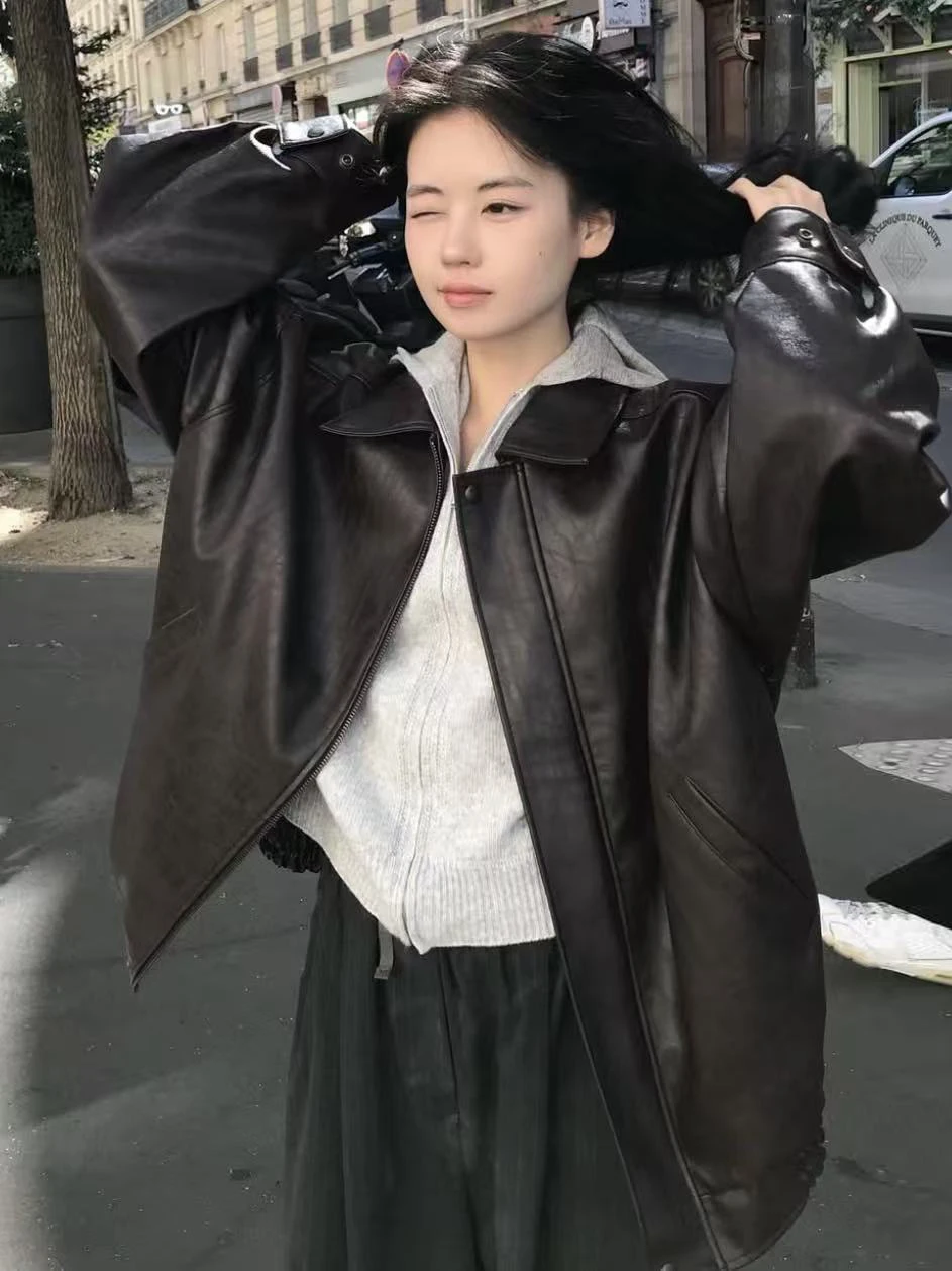 Korean Sle Loose Design Versatile Warm PU Leather Jaet Women's Sli Versatile Motorcycle Clothes Jaet Top