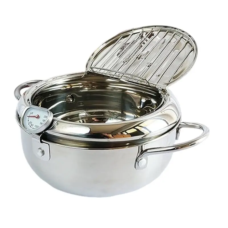 ABDJ-Japanese Frying Pot 3.4L, 3.6QT-Drop Deep Fryer Pot With Thermometer For 3-6 People-Food Grade Stainless Steel