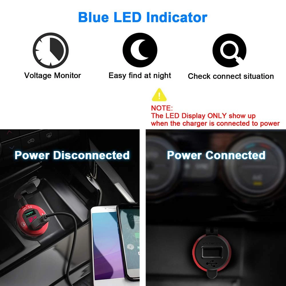 A01K-Quick Charge 3.0 USB Socket, 12V/24V Dual USB Car Power Outlet Waterproof Cigarette Lighter With LED Voltmeter