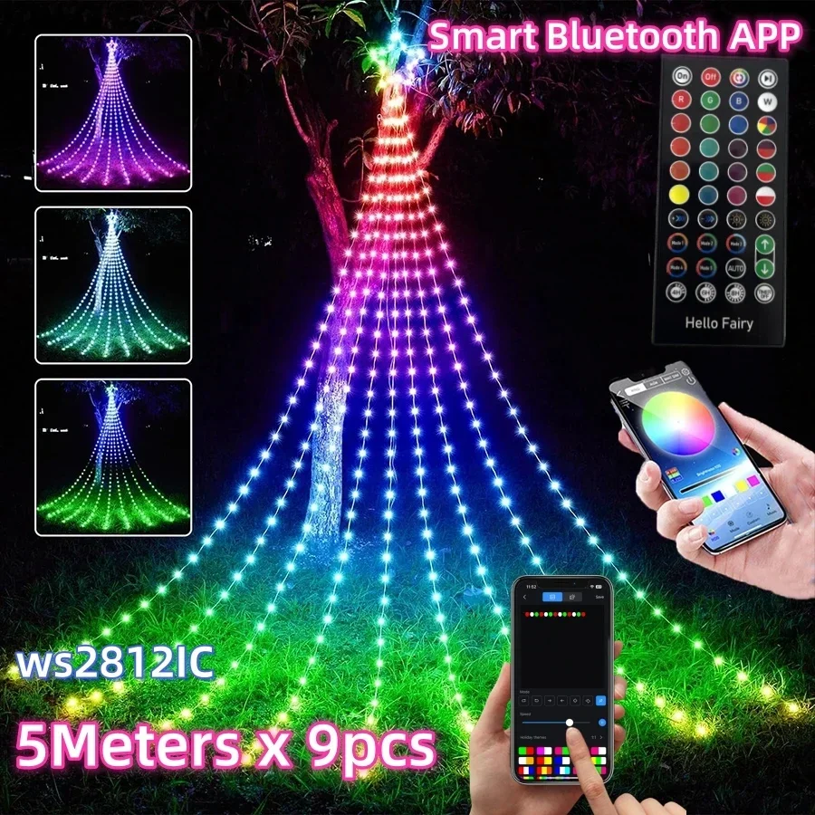 9pcs X 5M Led Star Topper DIY Waterfall Christmas Tree String Light RGBIC Smart APP Control Outdoor Waterfall Fairy Light String