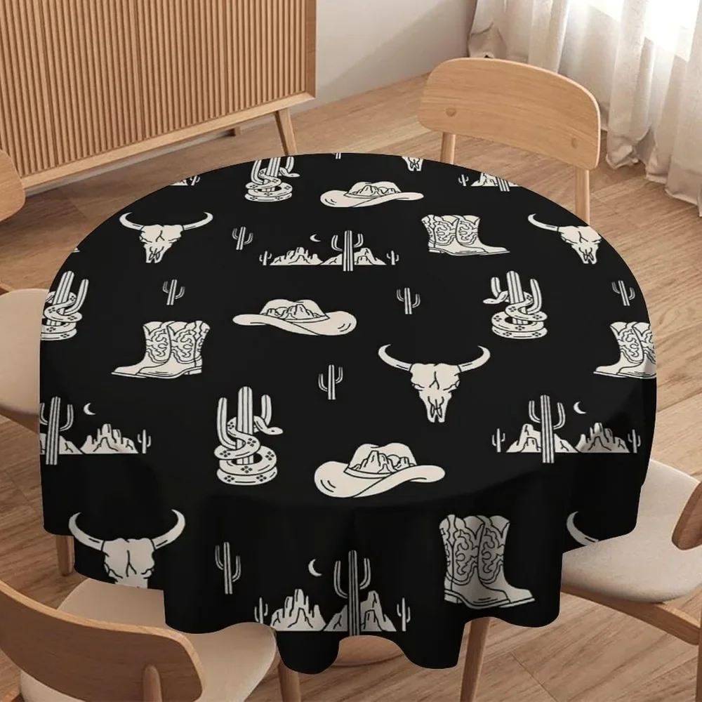 Western Theme Round Tablecloth Cowboy Cactus Boots Cowboy Hat Pattern Print Washable Cover for Home Party Dining Room