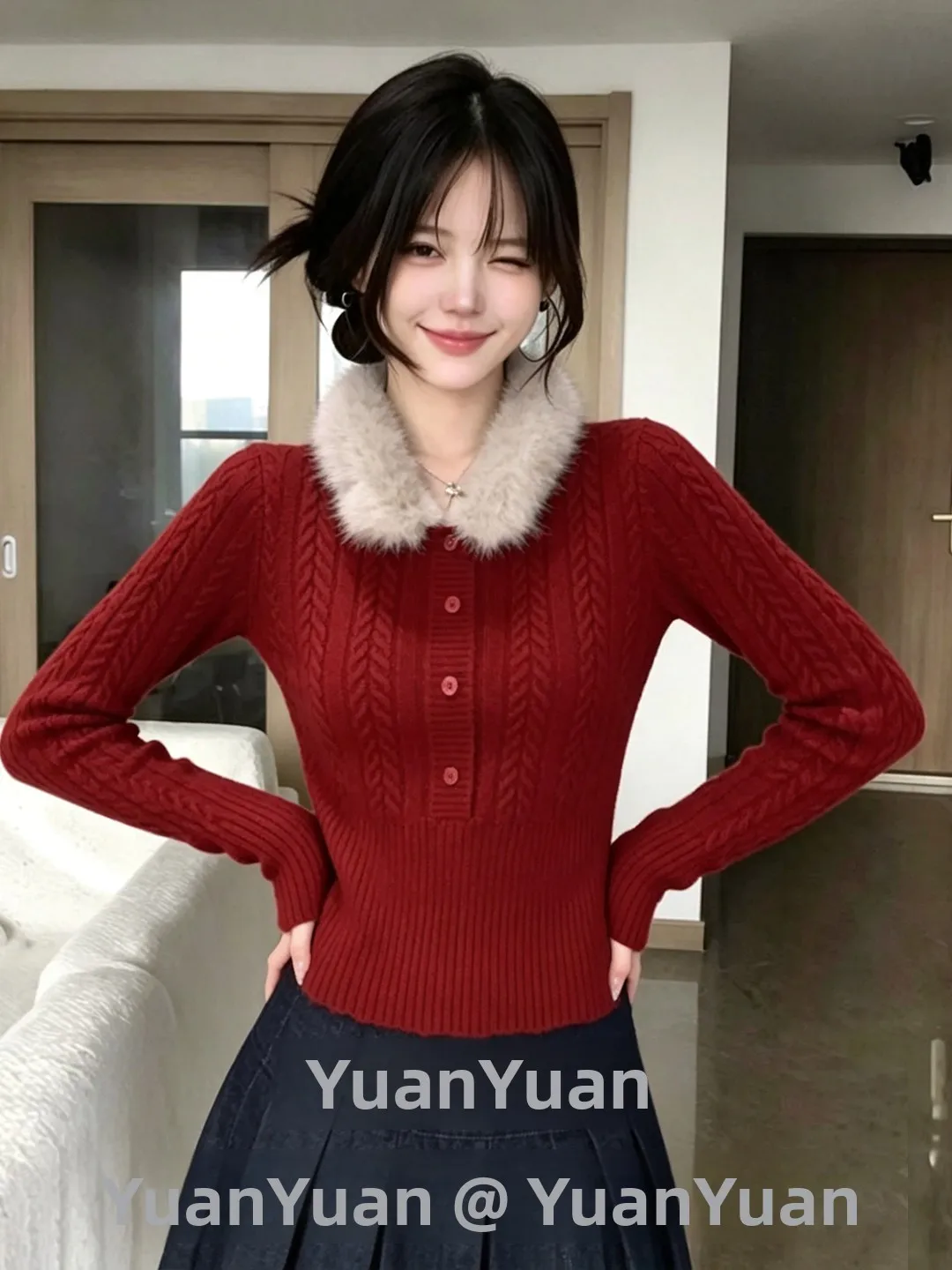 Red Knitted Sweater Women's Slim Fit Knot Design Soft Polyester Fiber Autumn Winter New Style Waist Cinching Versatile Sweate...