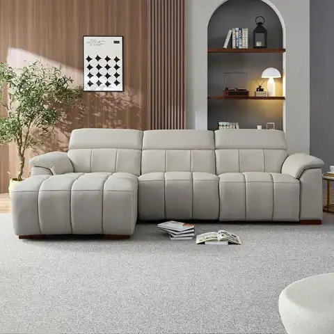 Sofá reclinable moderno en forma de L con control eléctrico, cuero genuino, puerto USB, reposacabezas, reposapiés, ideal para