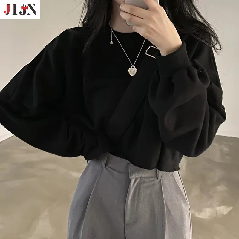 2024 Autumn Women's Short section Sweatshirt Korean version Solid colour Loose Neckline Round neck Ladies Tops Tops Trend