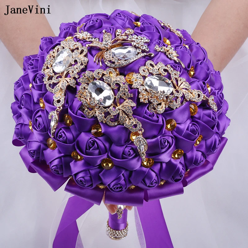 JaneVini Charming Purple Flowers Bridal Bouquets Bling Gold Crystal Artificial Satin Roses Wedding Brooch Bouquet Ramis De Novia