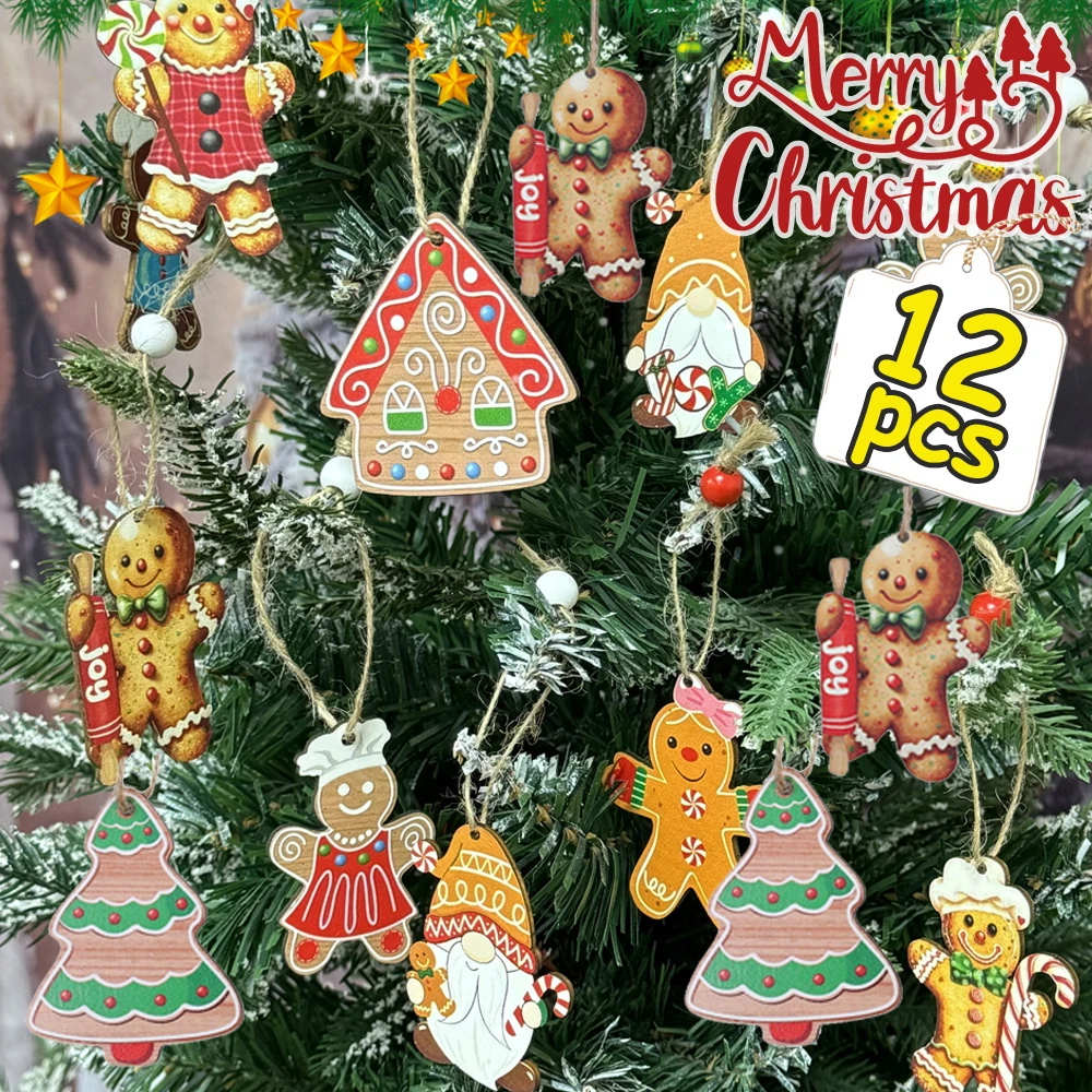 12 adet ahşap gingfilli adam kolye Mini karikatür noel ağacı DIY el sanatları asılı Oranments ev partisi wreakler dekorasyon malzemeleri