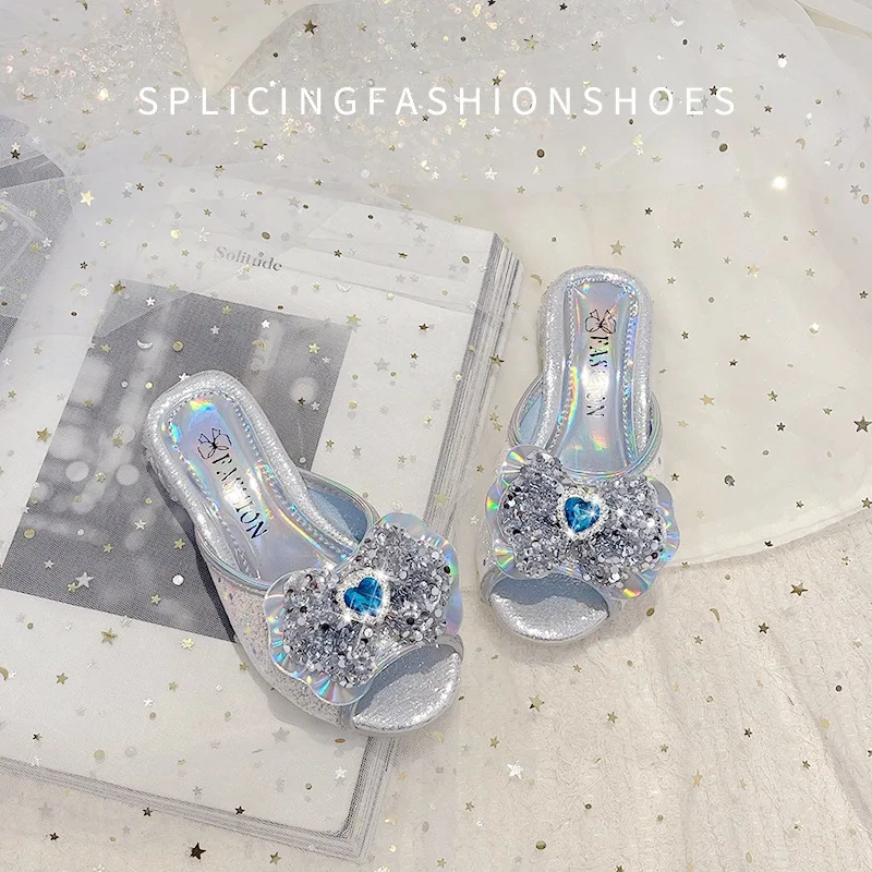 Princess Kids Leather Shoes for Girls Flower Casual Glitter Children High Heel Girls Shoes Butterfly Knot Blue Pink Silver