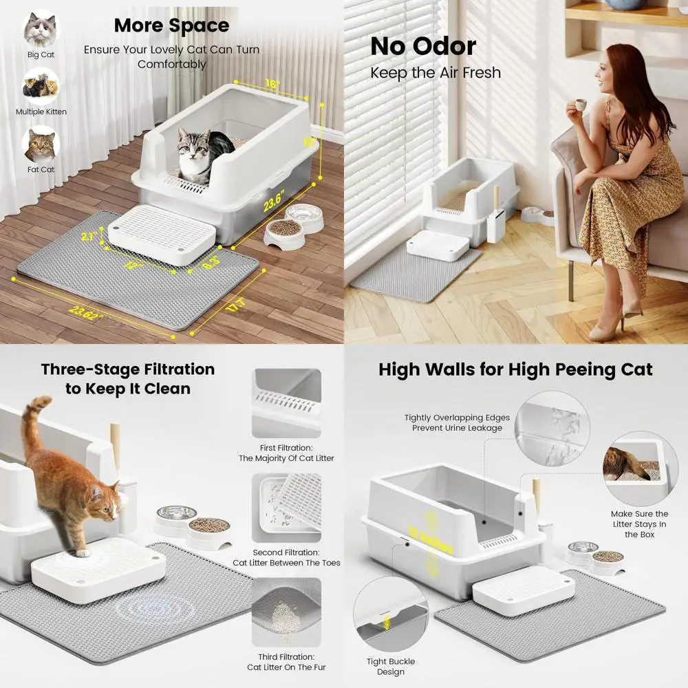 

Большой закрытый металлический лоток для кошек с крышкой для крупных кошек - высокие бортики, защита от протекания, легко чистится, антипригарное покрытие, включает в себя лоток для наполнителя.