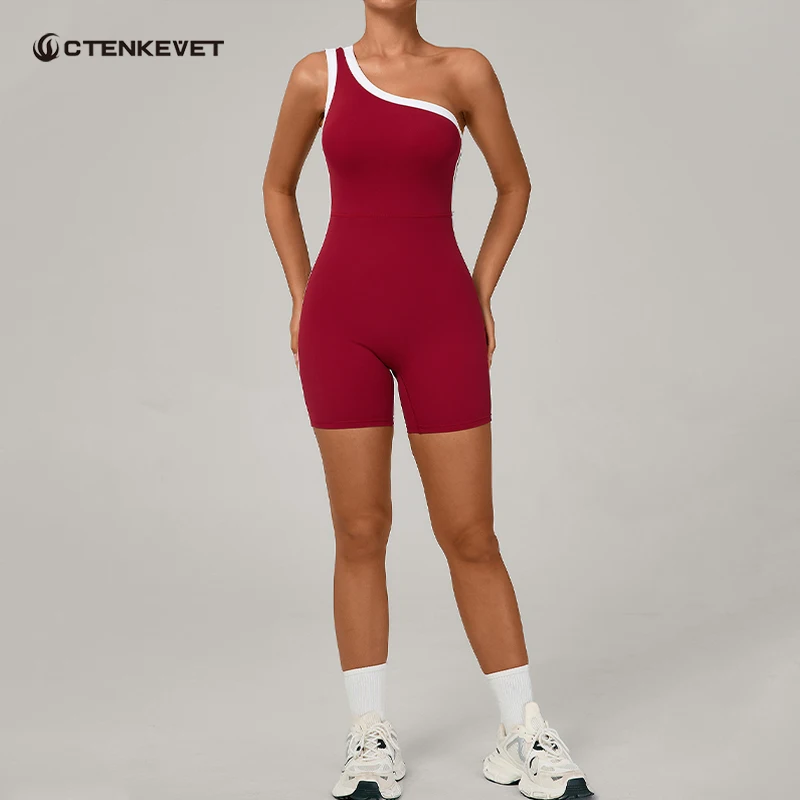 

Women Gym Contrast-Color One-Shoulder Backless Yoga Jumpsuit Sports Butt-Lifting Tight-Fitting Activewear Woman Fitness Overalls