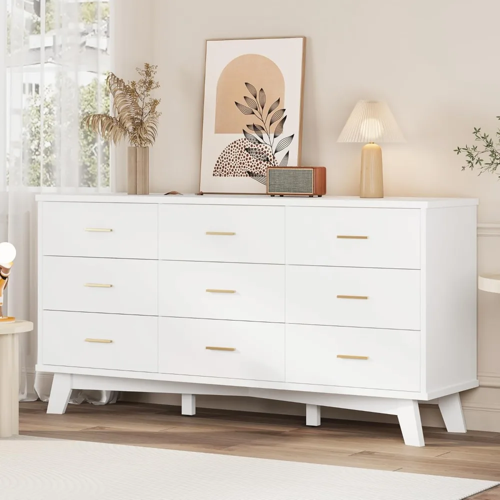 

Комод для спальни, широкий современный комод с 9 ящиками и прочным основанием Х-образной формы, деревянный двойной комод для хранения одежды