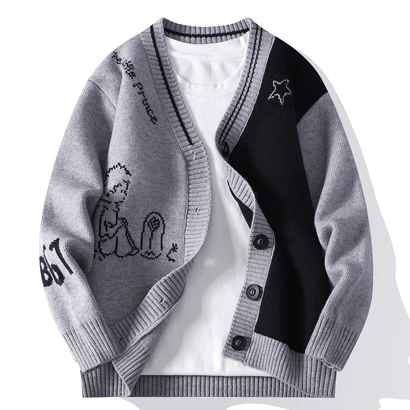 

Men's Cartoon Embroidery Sweater with Geometric Sleeve Design - Casual Street Style (Grey/Beige/Black)