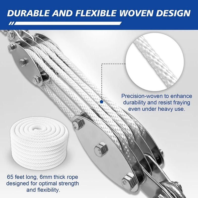 M11kblock- und Tackle-Riemenscheibensystem, 4-Rad-Seilrollenzug, 2200 Pfund Arbeitslast mit 65 Fuß 1/4 Zoll Seil, kompaktes Seil