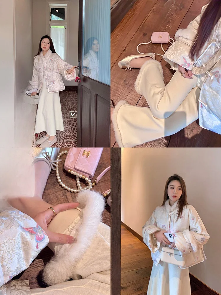 

Комплект из стеганой куртки и юбки Cheeseandkisses в китайском стиле: женский модный зимний наряд прямого кроя с высоким содержанием пуха