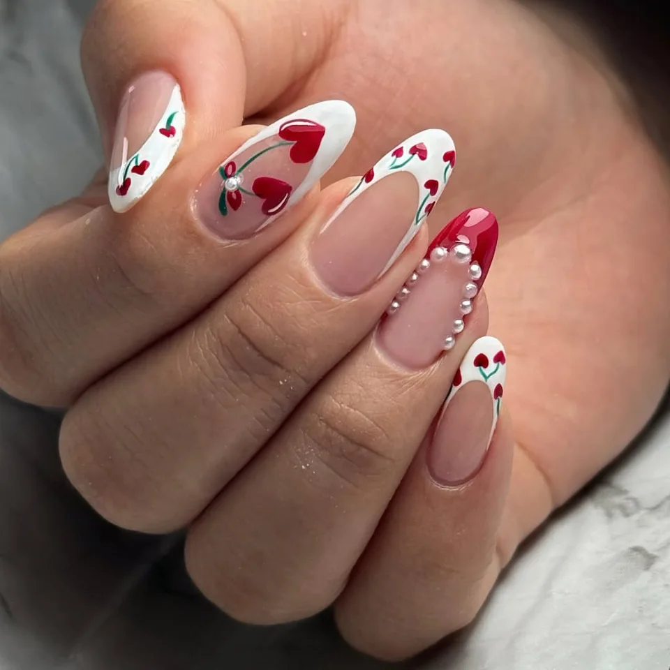 

24pcs Long Almond Press on Nails Red Love Heart Pearl Decor False Nails Wearable Sweet Girl Korean Style Fake Nails for Women La