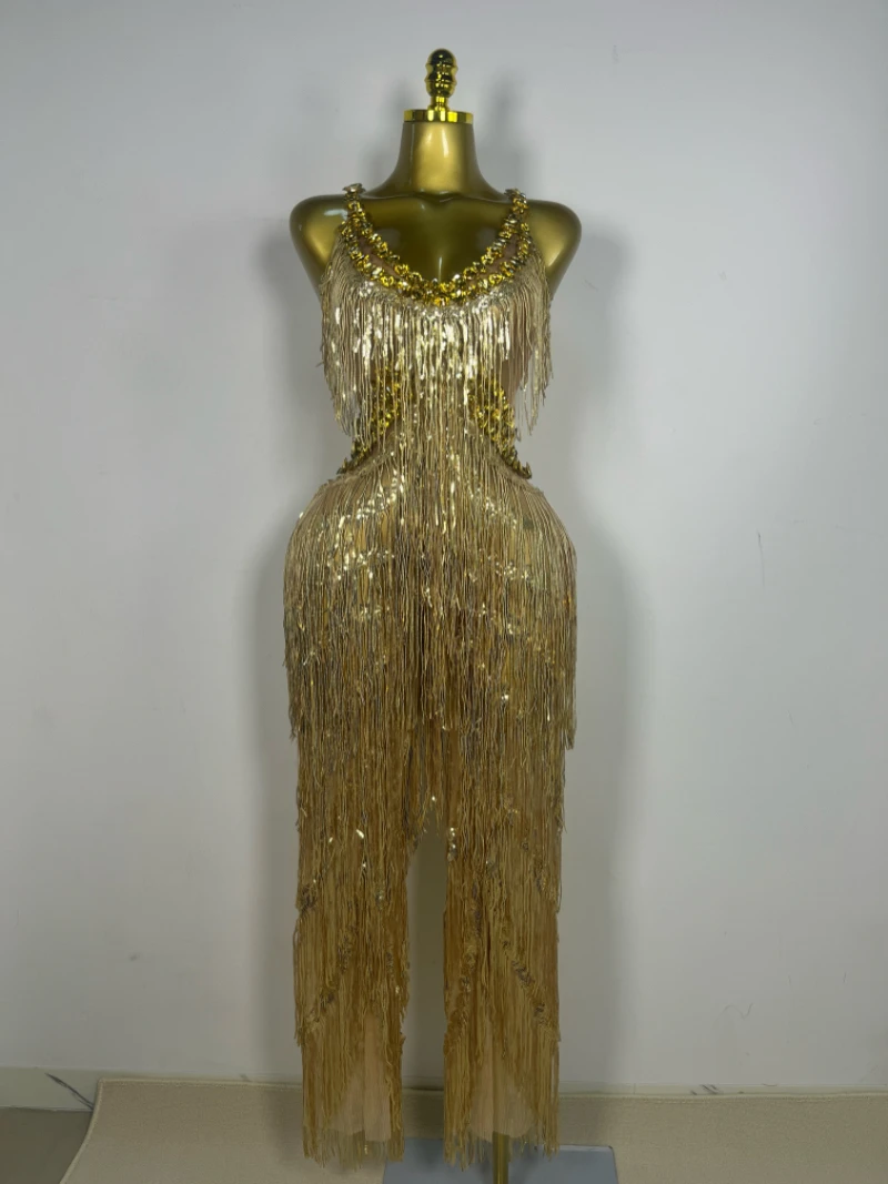 Shiny Gold Rhinestones Sequined Fringe Wide-leg jumpsuit Singer Stage Perform Costume  Women Sexy Night Party Club Outfit