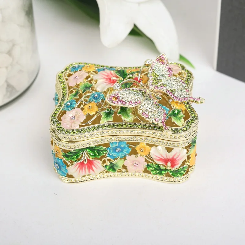 SHINNYGIFTS Vintage Crystal Butterfly Brooches Trinket Box Fashion Blue Flowers Green Leaves Jewelry Box Dressing Table Decor