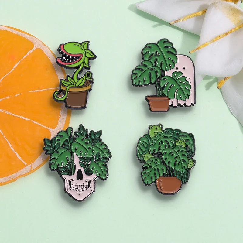 Punk Gothic Skull Head Potted Enamel Pins Funny Ghost Skeleton Frog Green Plants Brooches Lapel Badge Jewelry Accessories Gift