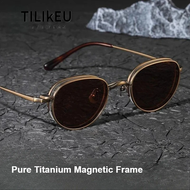 

Japanese Designer Pure Titanium Magnetic Eyeglasses Frame Men Women Trend Retro Oval Semi-Rim Clip Polarized Sunglasses UV400