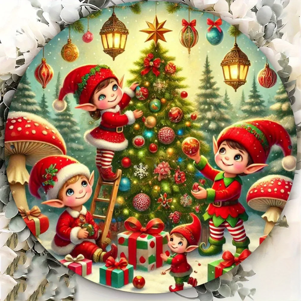 

Festive Christmas Elf Metal Sign - Round 2D Print for Home, Farmhouse, Bar & Garden Decor, Perfect for Room Decor