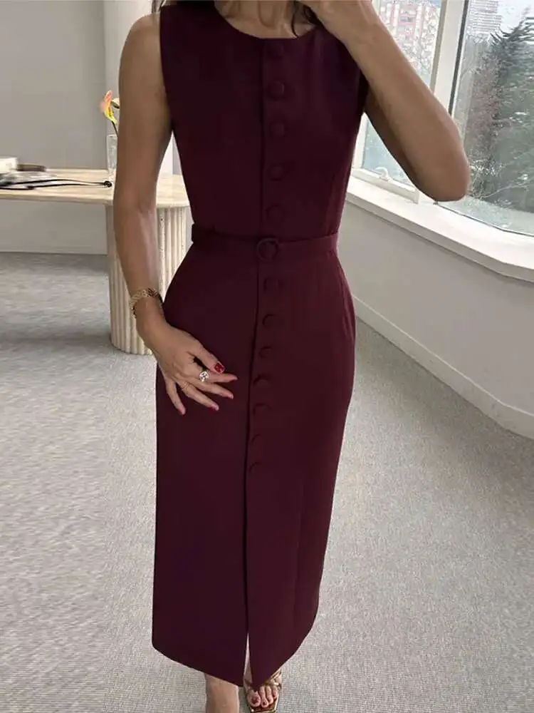 エレガントなシングルブレストタンクドレス女性ベルトノースリーブ O ネックスリム固体春ドレス通勤ストリートスプリットレディローブ B8QW