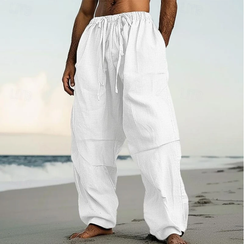 Daily Leisure Loose Pants Mens Summer Beach Seaside Breathable Solid Color Pants Vintage Mens Drawstring Waist Lace-up Trousers