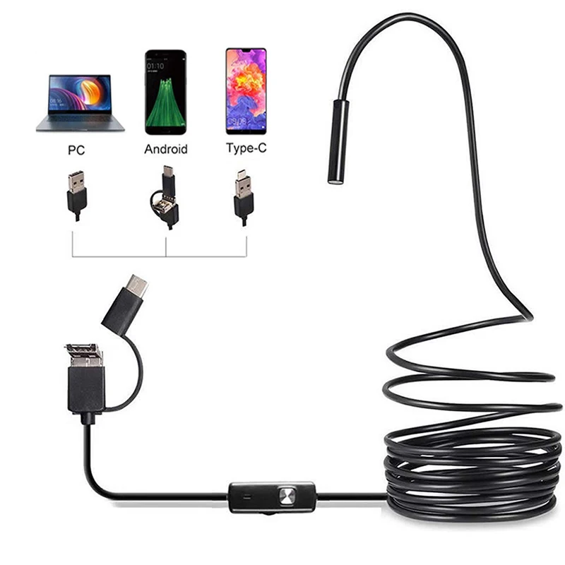 

7mm Mini Endoscope Camera 1m/1.5m/2m Hard Flexible Tube Mirco Usb Type C Borescope Video Inspection For PC/Android Car Endoscope