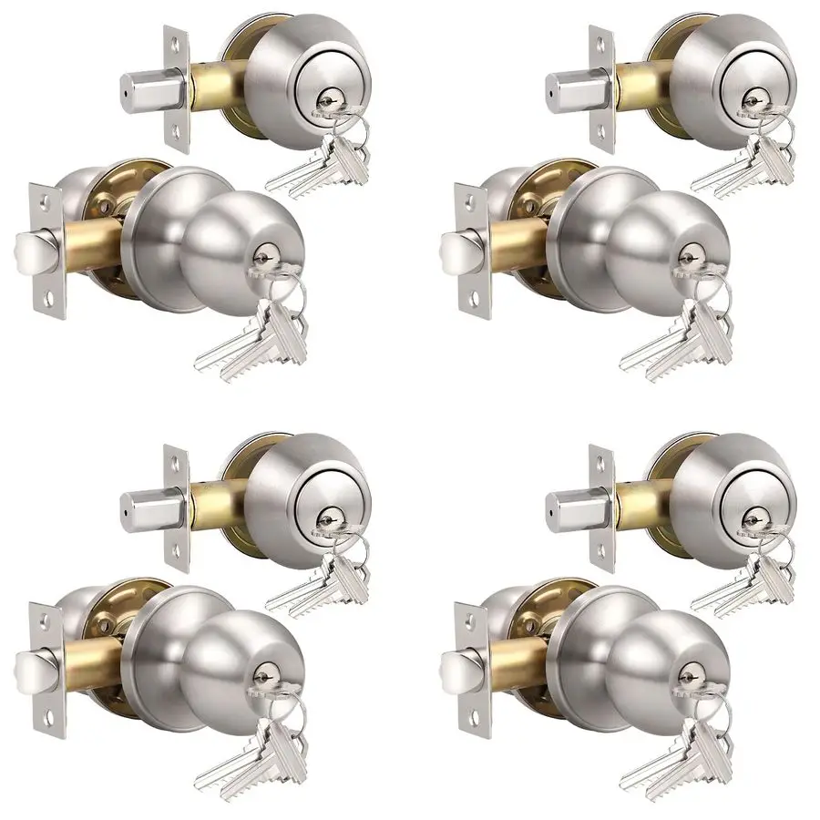 

Keyed Alike Exterior Door Knob, Round Outdoor Lock with One Sided Deadbolt, Stainless Steel, Satin Nickel Door Knobs, Silver Doo