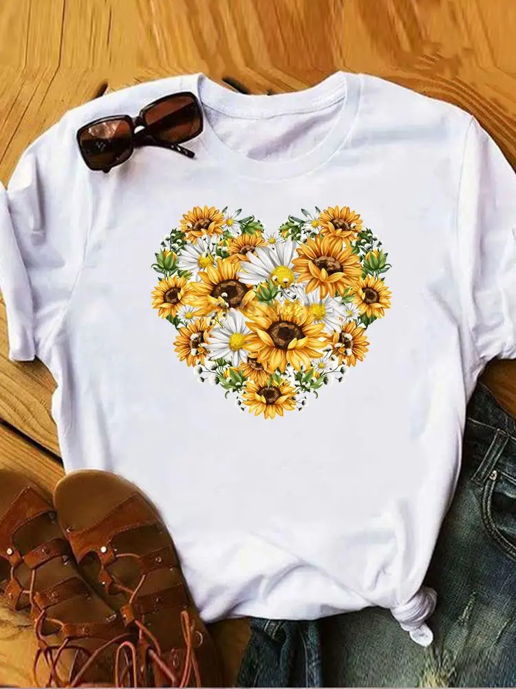 

Love Heart Flower Clothes Ladies Watercolor Summer T Clothing Print Fashion T-shirts Short Sleeve Women's Female Graphic Tee