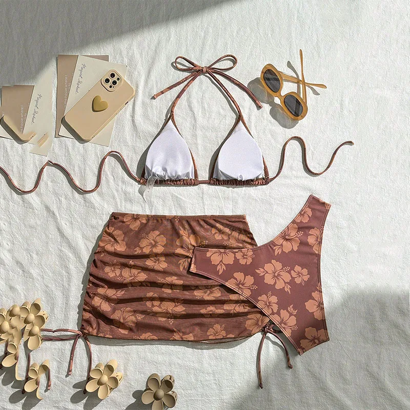 Ensemble de bikini triangle à imprimé floral marron, 3 pièces, jupes en maille, Cover-Up pour les maillots de bain, maillot de bain Sexy pour femmes, 2025
