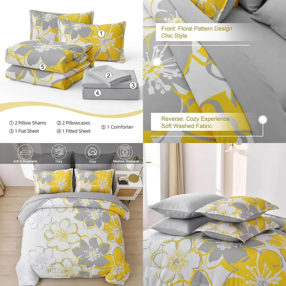 

Комплект одеял с желтым цветочным принтом размера Queen, двустороннее постельное белье с простыней, всесезонная мягкая микрофибра, пододеяльник 90x90