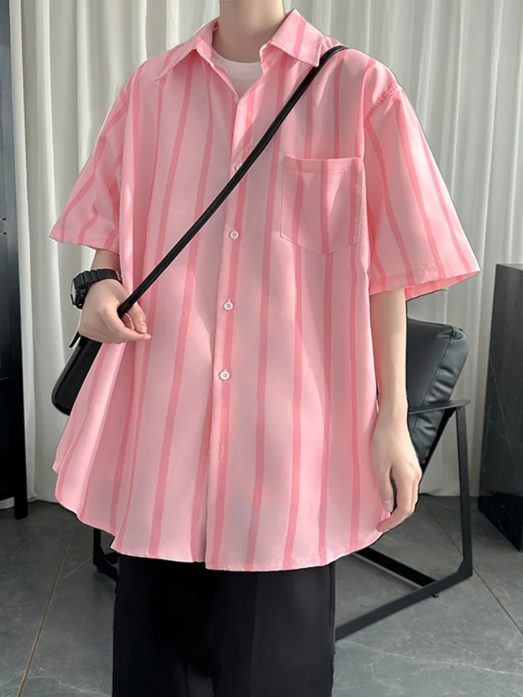 

Hong Kong Sle Striped irt ort Sve Men Summer Thin High-End Feeling f Sve irt New Trendy Brand Haome Stree...