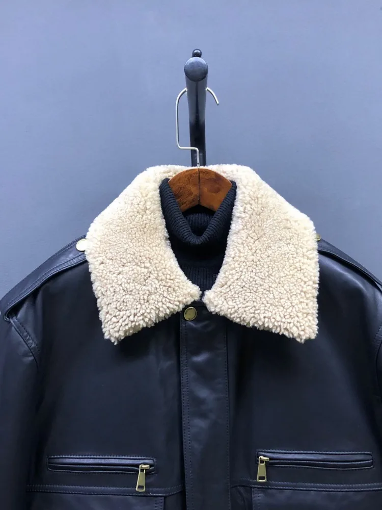 Piumino femminile in vera pelle Colletto in lana d'agnello di lusso Giacca ampia Addensare caldo capispalla in pelle di pecora Lady Fashion Winter