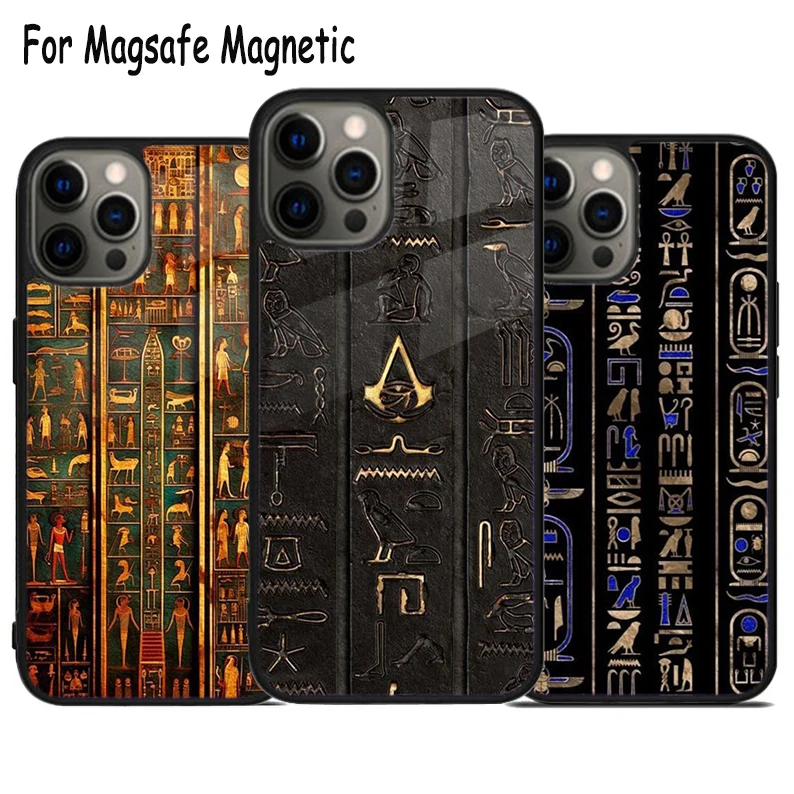 Ancient Egyptian Hieroglyphic Wireless Charge Magsafe Phone Case For iPhone 15 16 14 13 11 12 Pro Max Plus Magnetic Bumper Cover