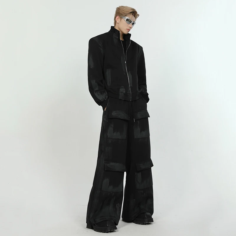 IEFB New Fashion Men\'s Sets Printing Shoulder Pad Zipper Stand Collar Long Sleeve Male Tops Drawstring Straight Trousers 9C6543