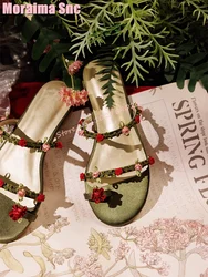 Retro Flower Vines Decor Clip Toe Slippers Ankle Strap Flat With Fashion Green Elegant Women‘s Slides Outdoor Summer 2024 New