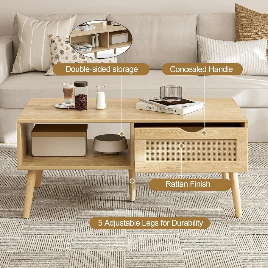 Coffee Table with Storage Boho Dining Table with Rattan Drawer and Solid Wood Legs Small Coffee Tables for Living Room Oak