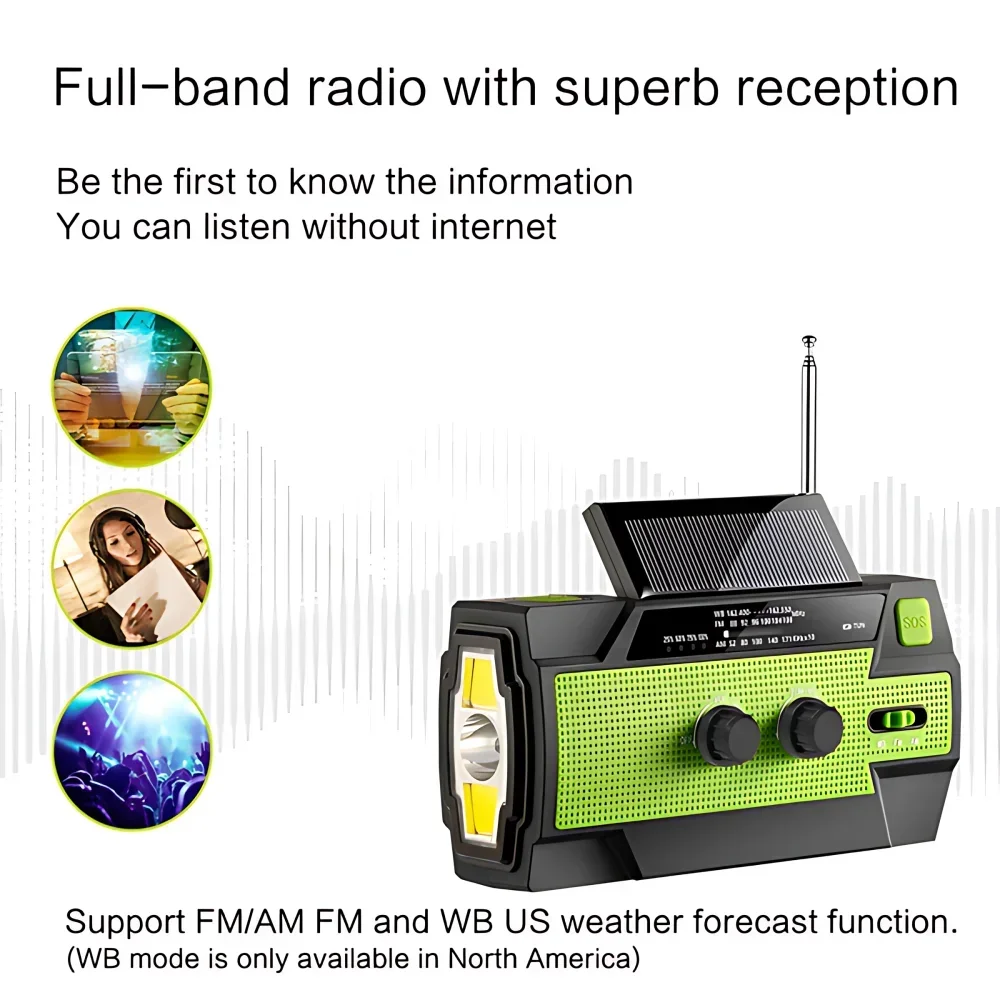 STONEGO FM AM WB Emergency Weather Radio 5000mAh Solar Power Hand Crank Radio Receiver with LED Flashlight Power Bank SOS Alarm