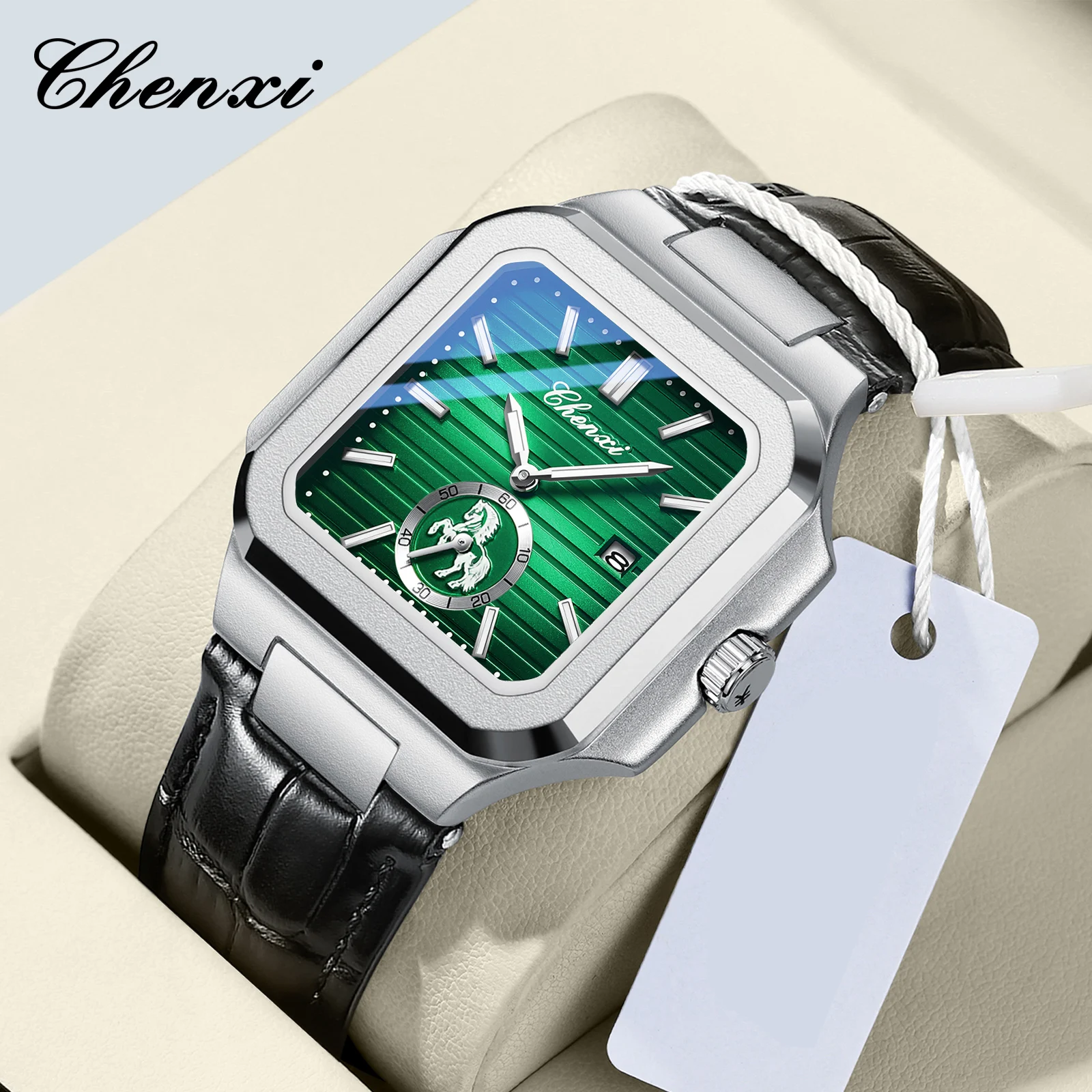 أزياء الرجال ساعة جلدية العلامة التجارية الفاخرة الحصان الهاتفي ساعات كوارتز للماء التقويم مربع ساعات المعصم للرجل CHENXI
