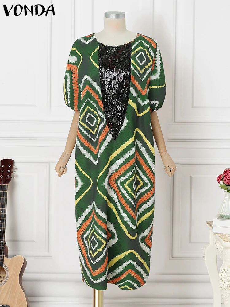 حجم كبير 5XL فوندا النساء البوهيمي ماكسي فساتين الصيف نفخة الأكمام طباعة المرقعة فستان الشمس الطويل 2025 خمر رداء الحفلات الموضة #4