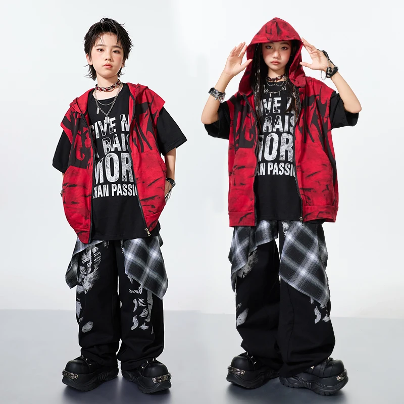 

Футболка с граффити в стиле хип-хоп для мальчиков, крутая толстовка, жилет, брюки-карго для девочек, костюмы K-pop, джазовые костюмы, комплекты детской танцевальной одежды, детская уличная одежда