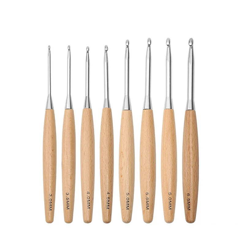 

8Pcs Wood Crochet Hooks 3.0mm-6.5mm, Ergonomic Handle Crochet Hooks Set